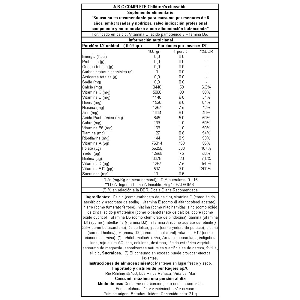 Multivitamínico Infantil ABC Complete Children's Vitaminas + Minerales - 60 Comprimidos Masticables