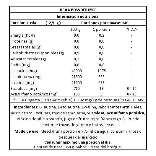 BCAA Aminoácidos en Polvo Sabor Frutos Rojos 350 Grs