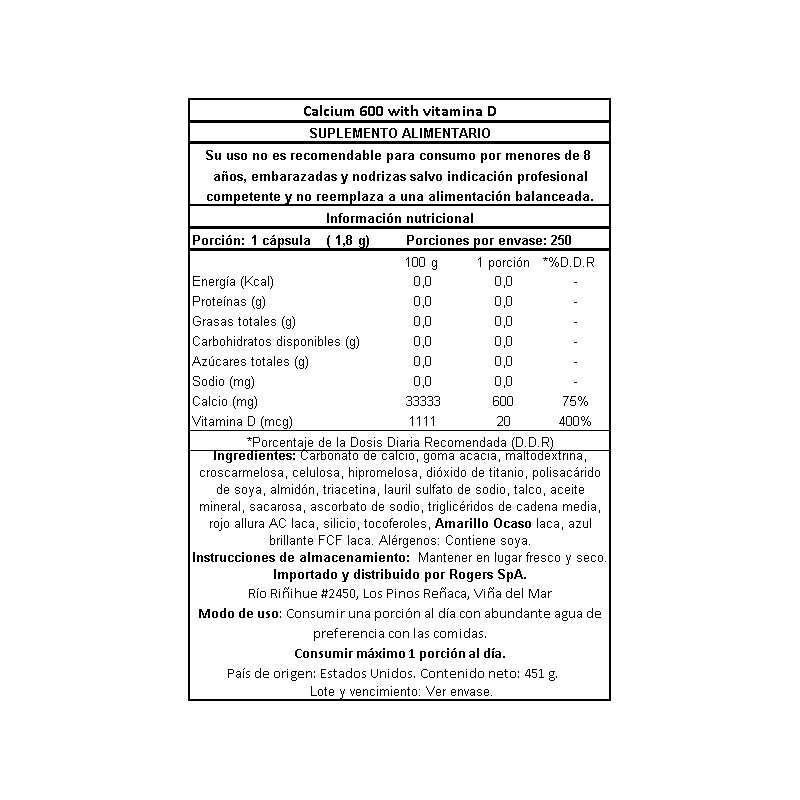 Calcio 600 mg + Vitamina D3 - 250 Comprimidos