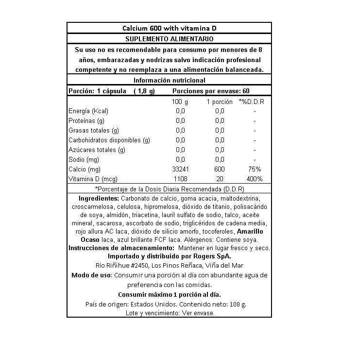 Calcio 600 mg + Vitamina D3 - 60 Comprimidos