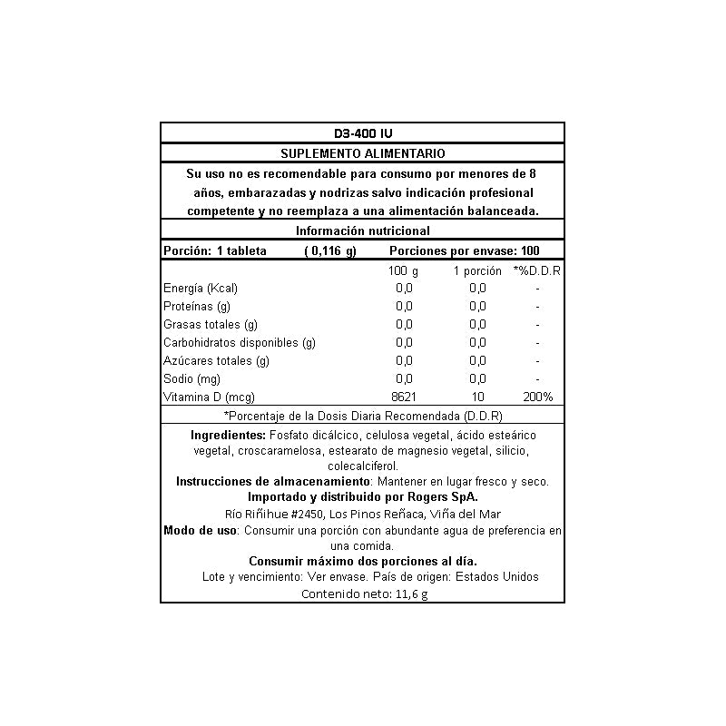 Vitamina D3 400 IU - 100 Comprimidos